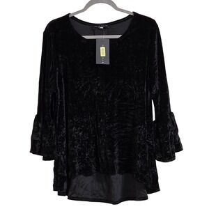 Bryn Walker Fran Shirt Womens Medium Black Crushed Velvet Ruffle Bell Sleeve Top